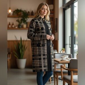 Anne Klein- NWT- Black and Tan Plaid Women's Coat  Medium